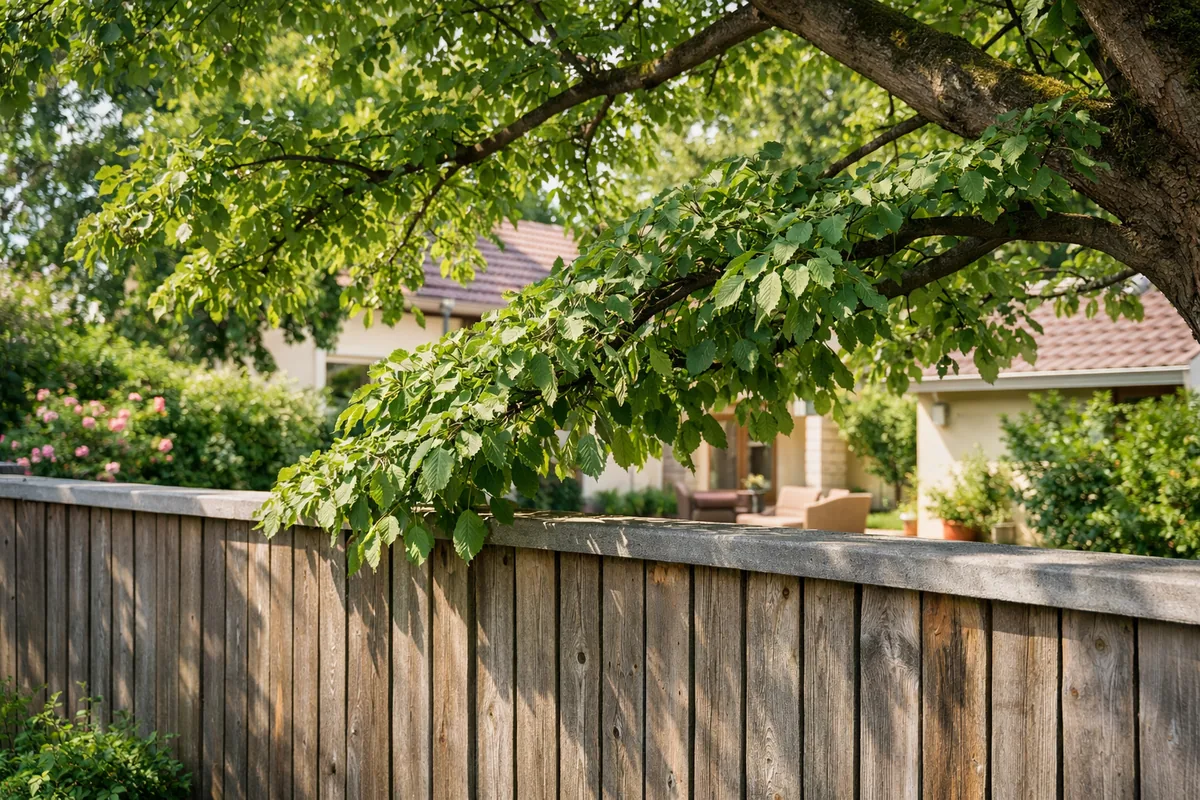 Branches d'un arbre voisin qui dépassent au-dessus d'une clôture