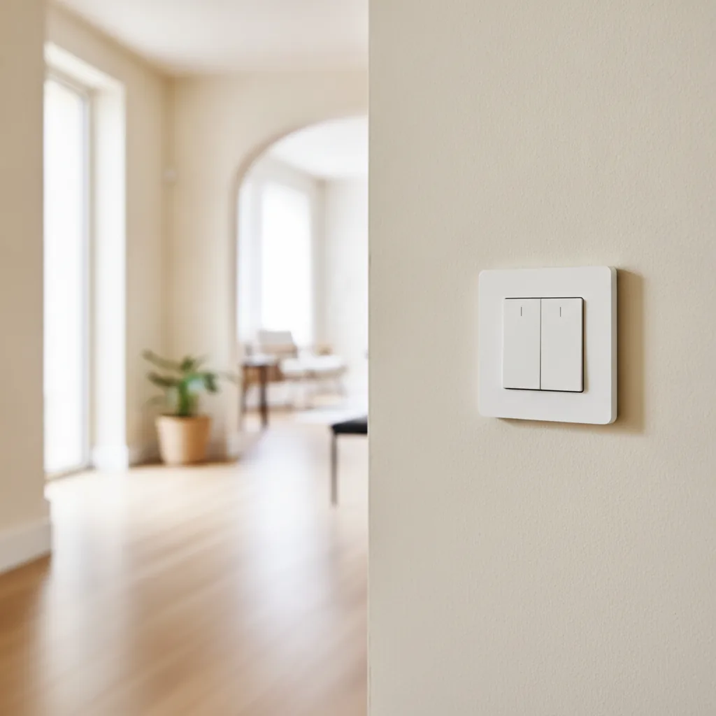 Interrupteur mural blanc moderne installé dans un couloir lumineux