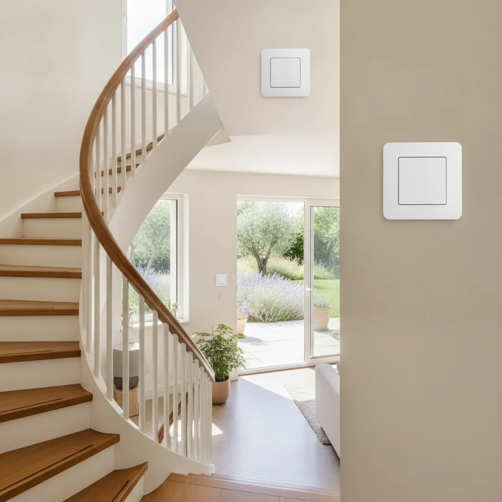 Deux interrupteurs va-et-vient dans une cage d'escalier lumineuse