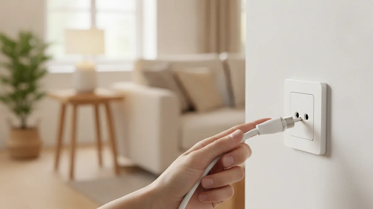 Prise antenne TV murale blanche installée dans un salon lumineux
