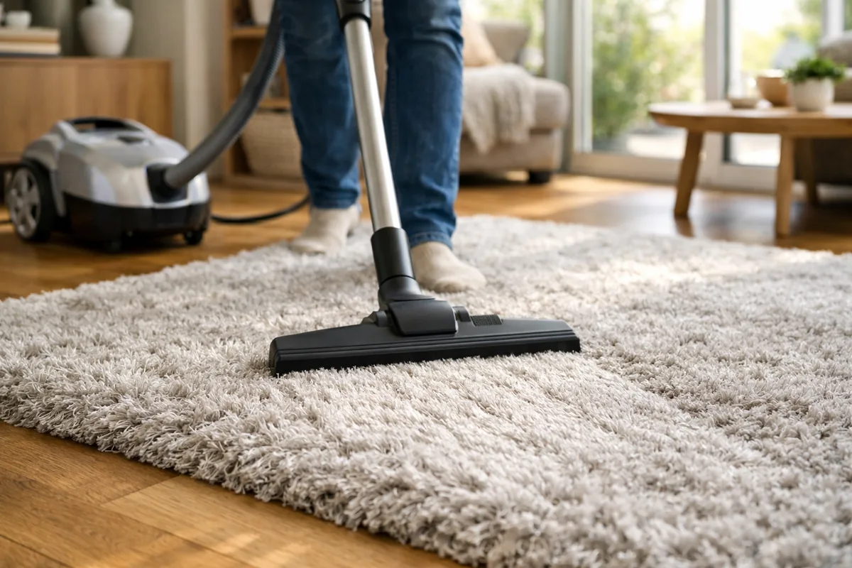 Aspirateur passé dans le sens du poil sur un tapis shaggy