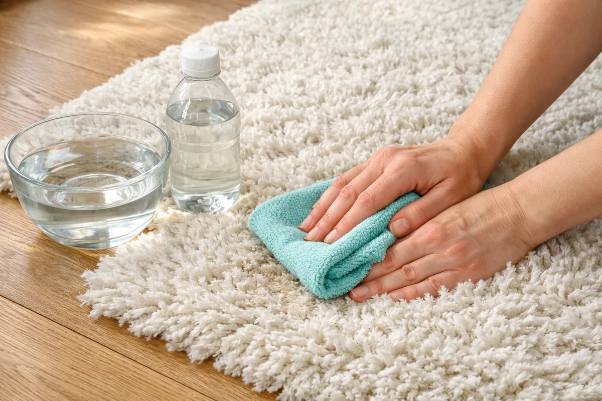 Tamponnage d'une tache sur un tapis à poils longs avec un chiffon et du vinaigre blanc