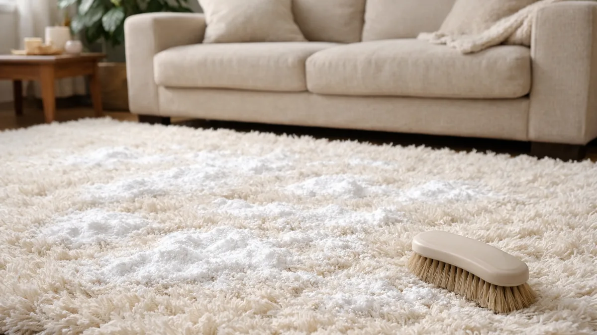 Nettoyage d'un tapis à poils longs au bicarbonate de soude dans un salon