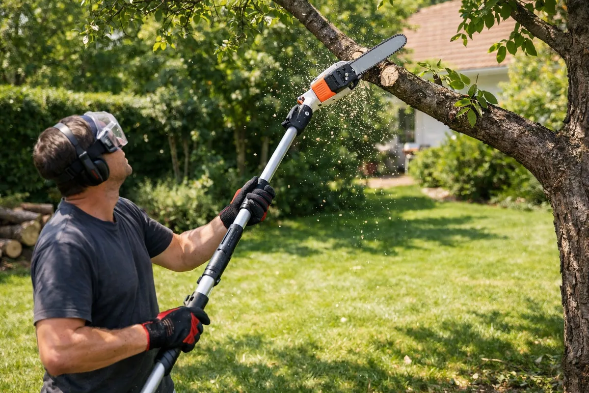 Élagueuse sur perche utilisée pour couper une branche en hauteur