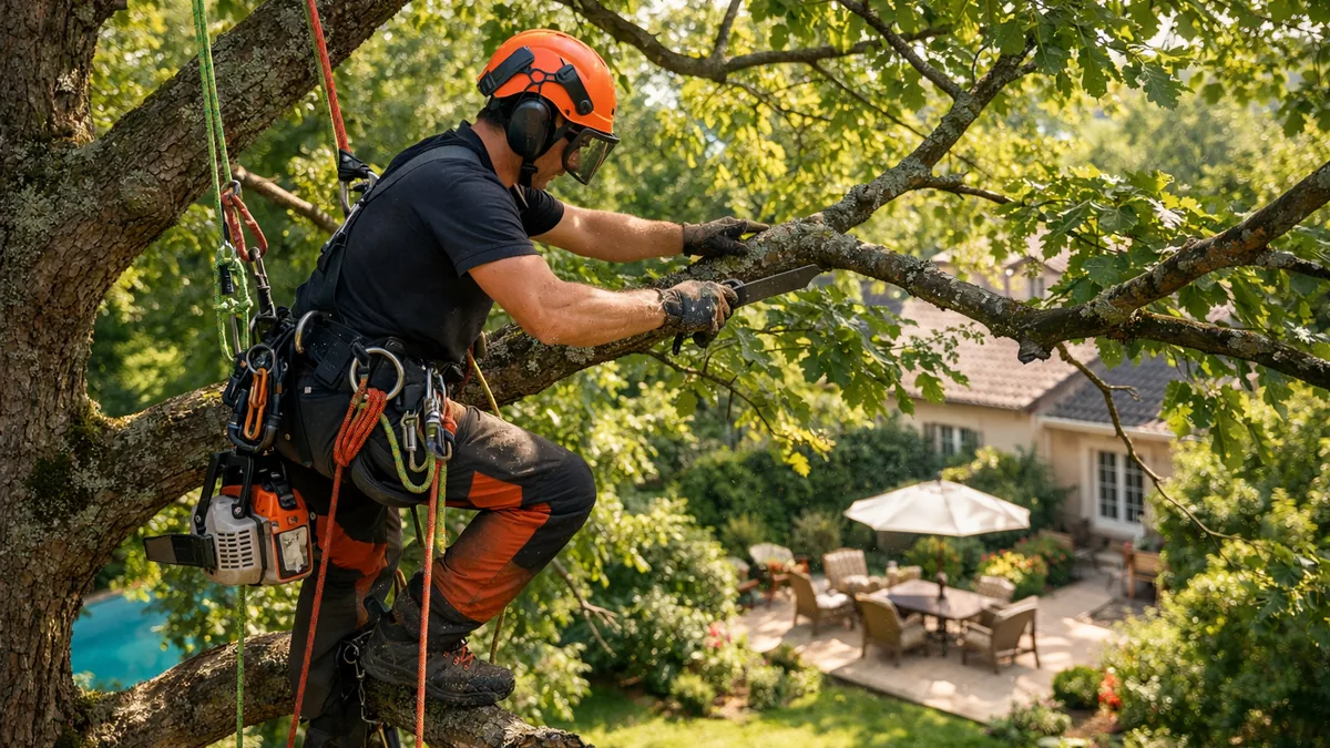 Élagueur professionnel certifié taillant un grand arbre en hauteur
