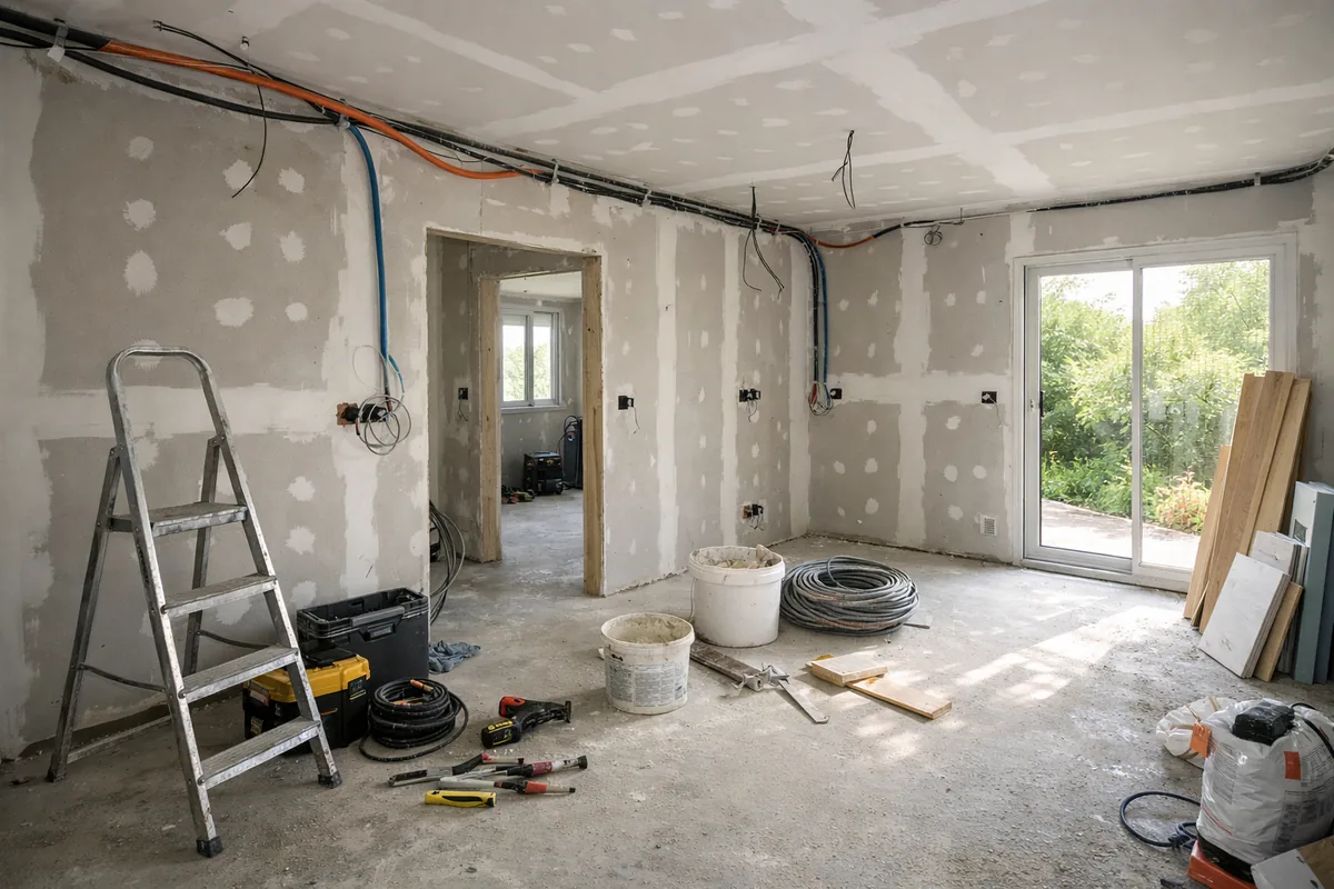 Intérieur d'une maison en travaux de rénovation avec cloisons et électricité