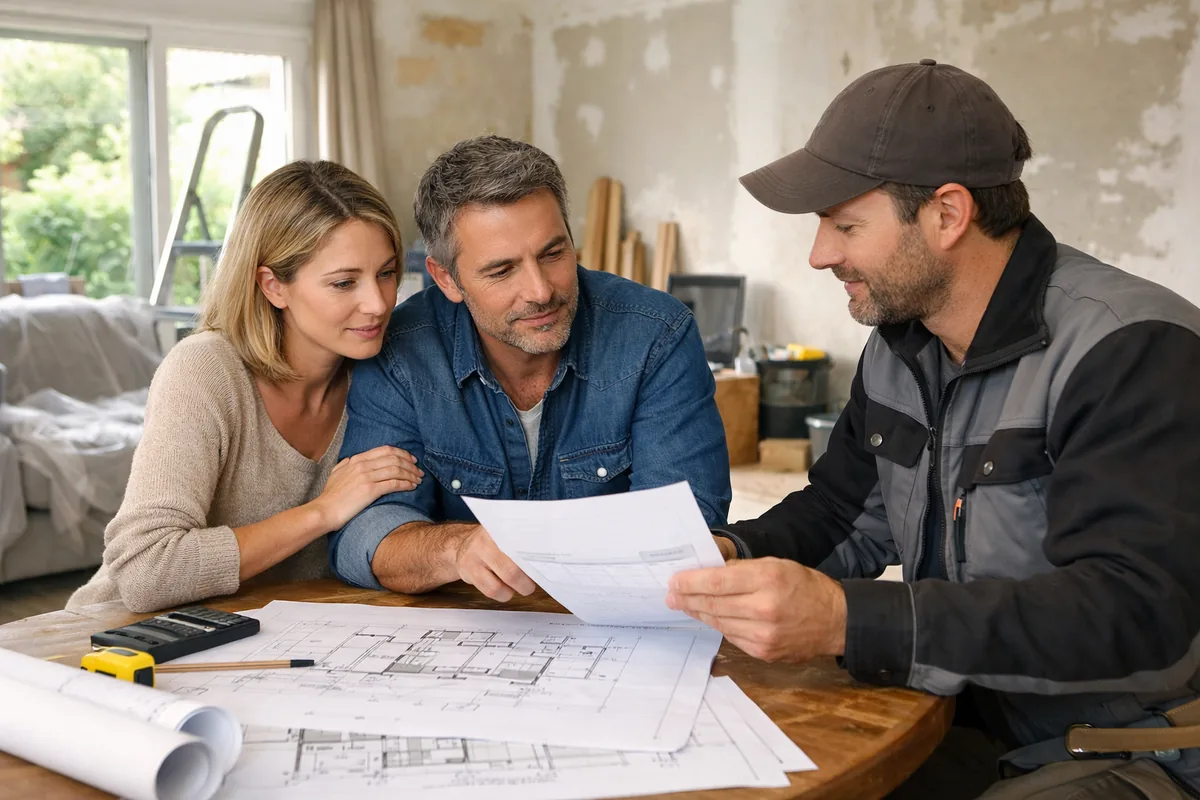 Couple de propriétaires examinant un devis de rénovation avec un artisan