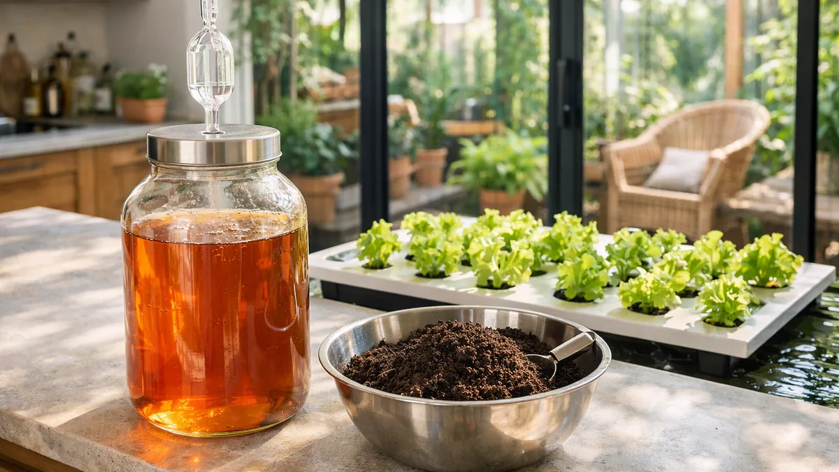 Préparation d'un engrais hydroponique maison dans un bocal avec compost et eau