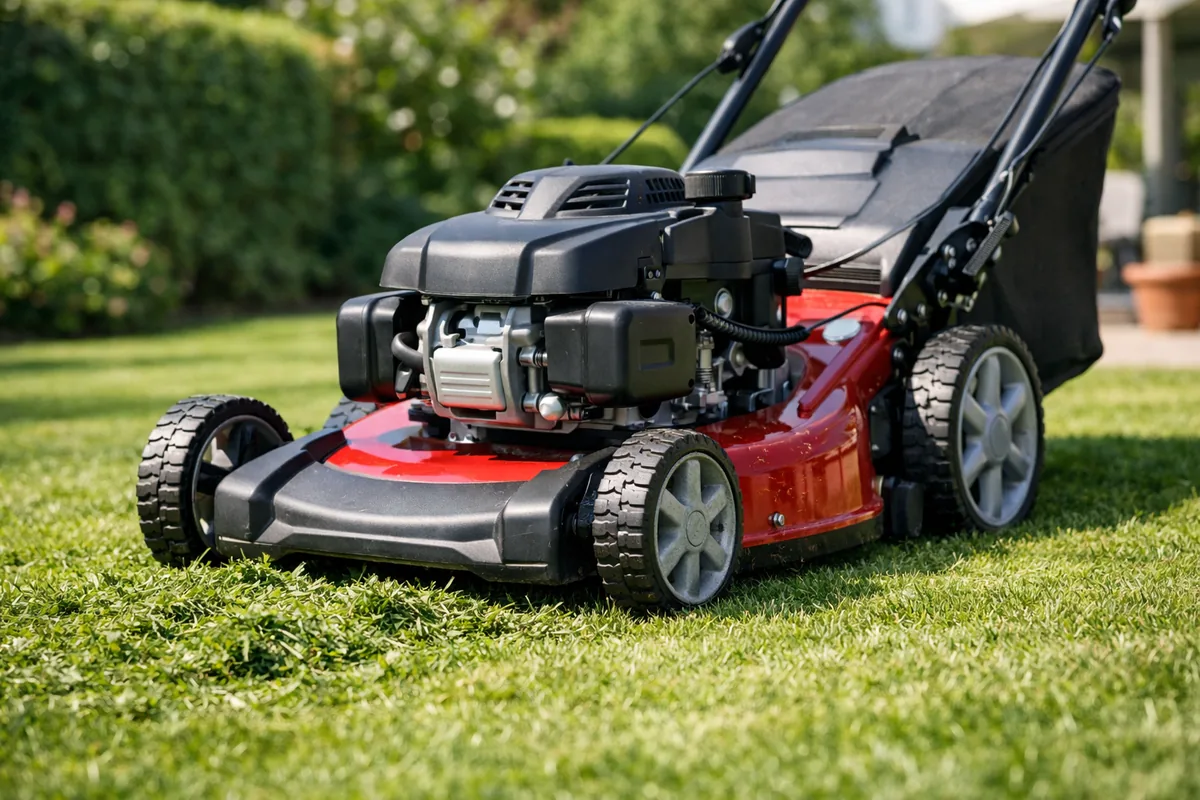 Tondeuse à gazon thermique sur une pelouse de jardin