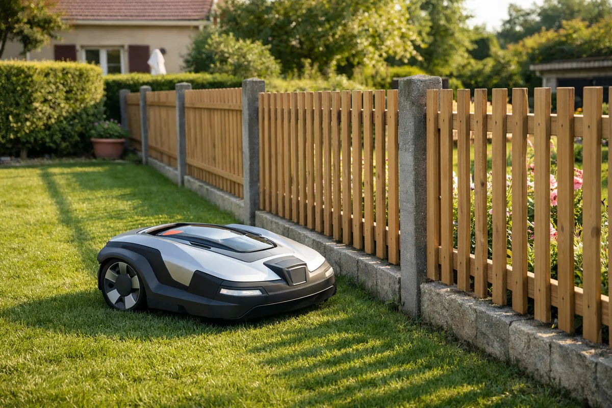 Robot tondeuse silencieux entretenant une pelouse près d'une clôture mitoyenne