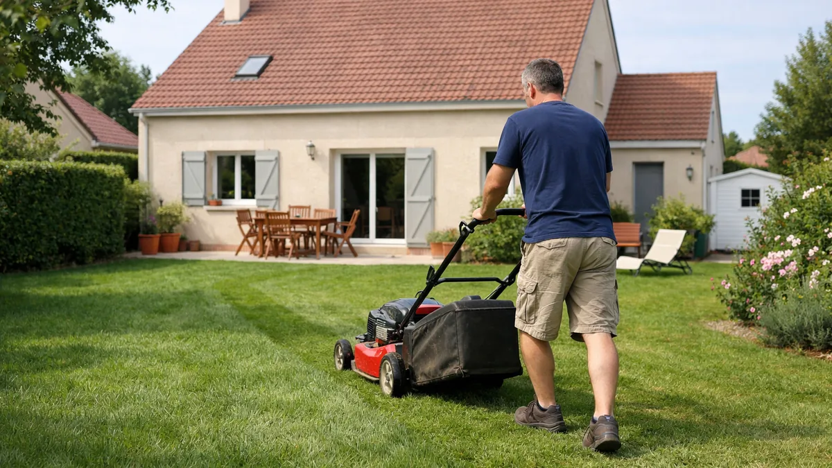 Particulier tondant sa pelouse en respectant les horaires de tonte autorisés