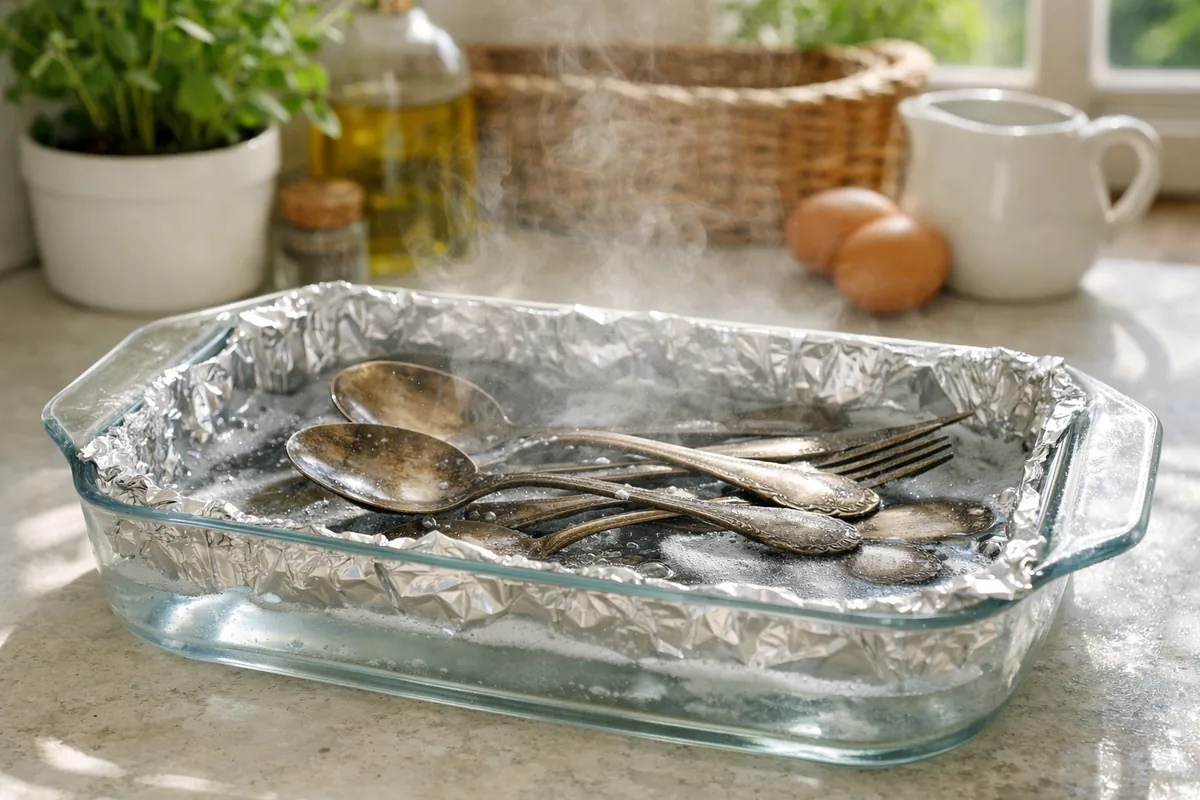 Bain de bicarbonate de soude et papier aluminium pour nettoyer l'argenterie noircie