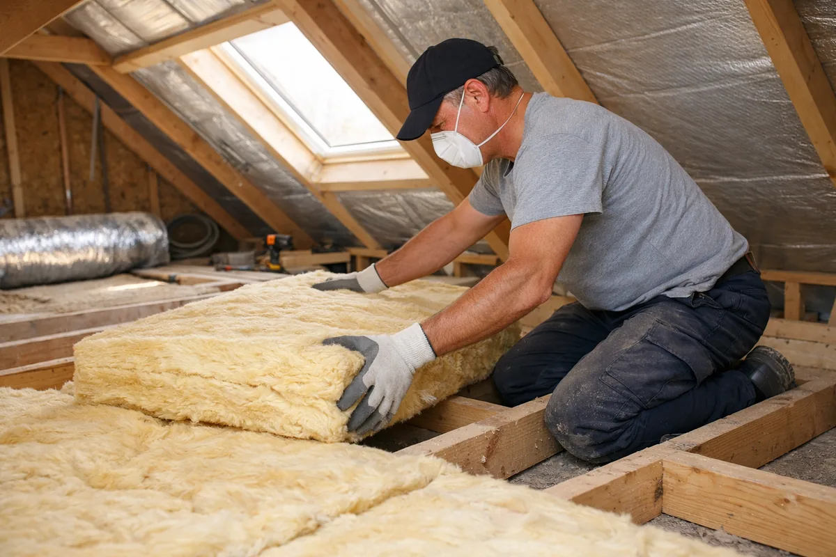 Artisan isolant les combles d'une maison pour sortir de la passoire thermique
