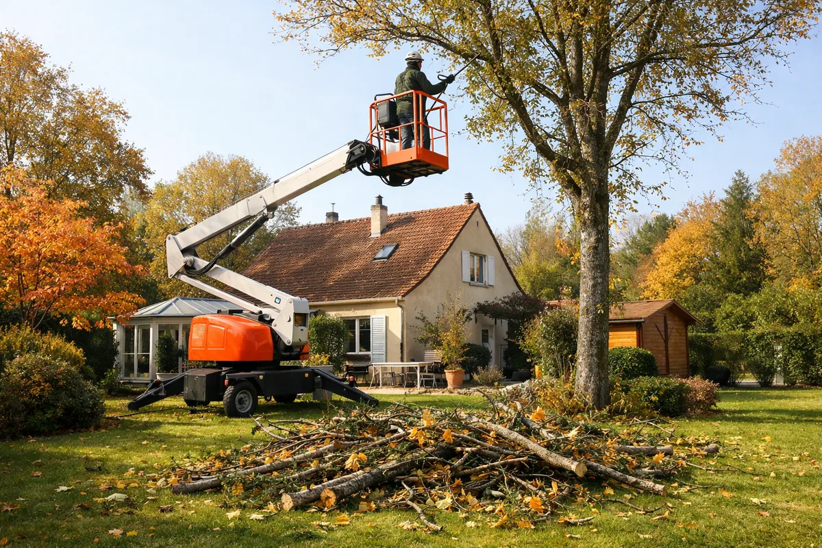 Taille d'entretien d'un arbre depuis une nacelle élévatrice