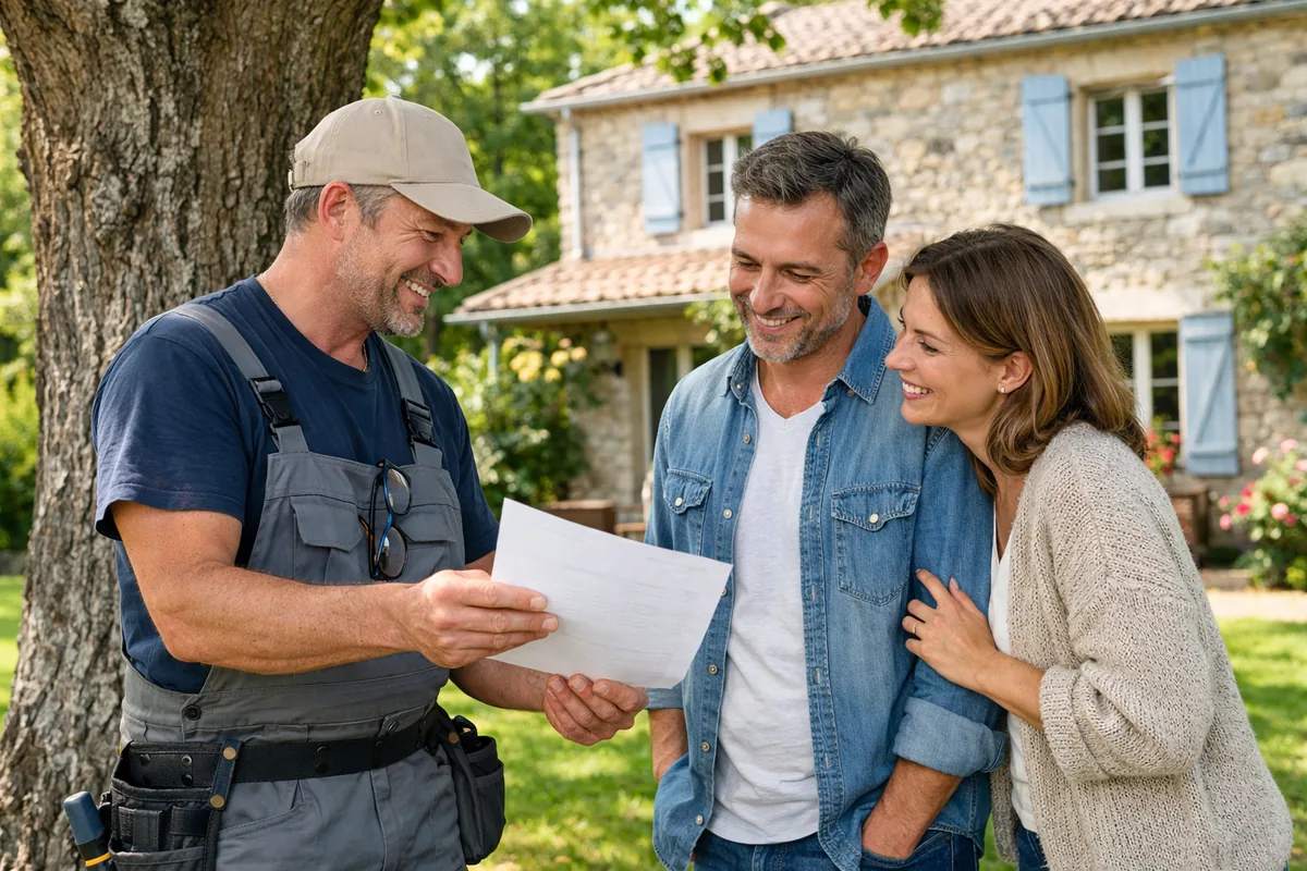 Artisan élagueur remettant un devis d'élagage à un couple de particuliers