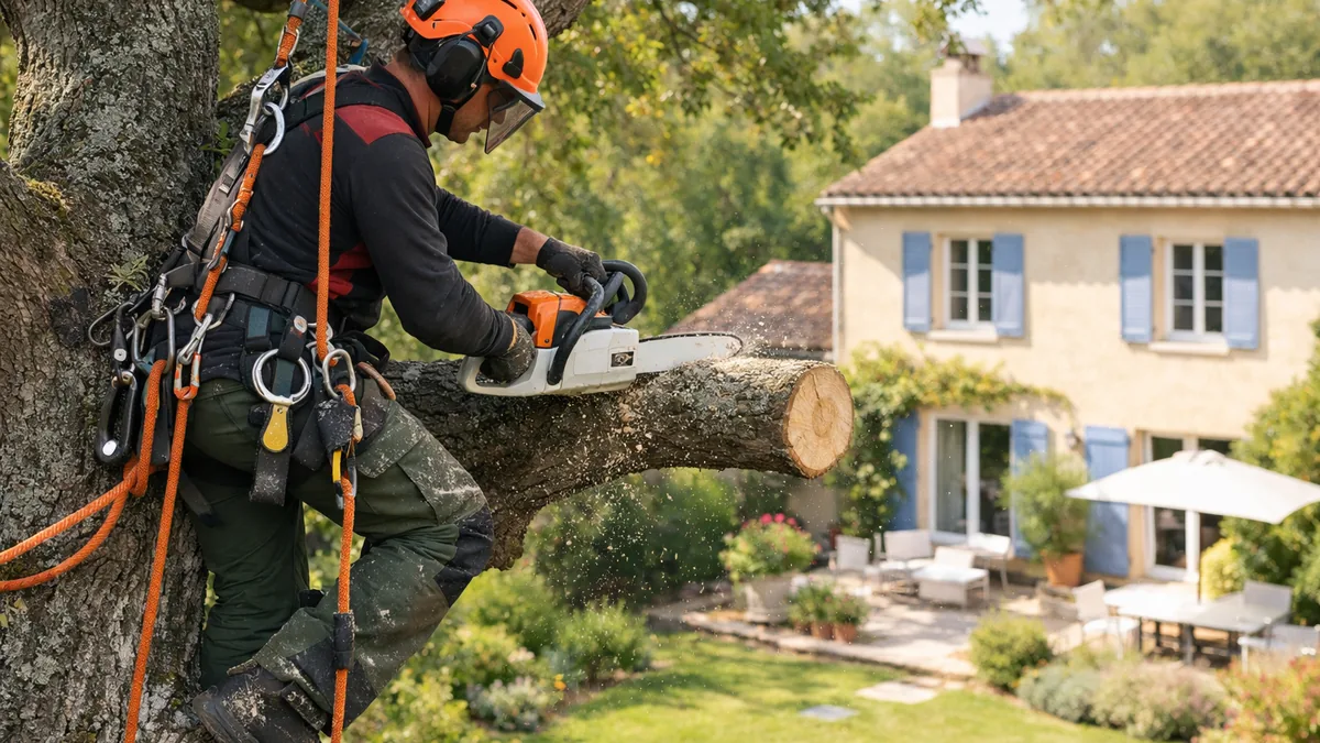 Élagueur grimpeur réalisant l'élagage d'un grand arbre avec harnais et tronçonneuse