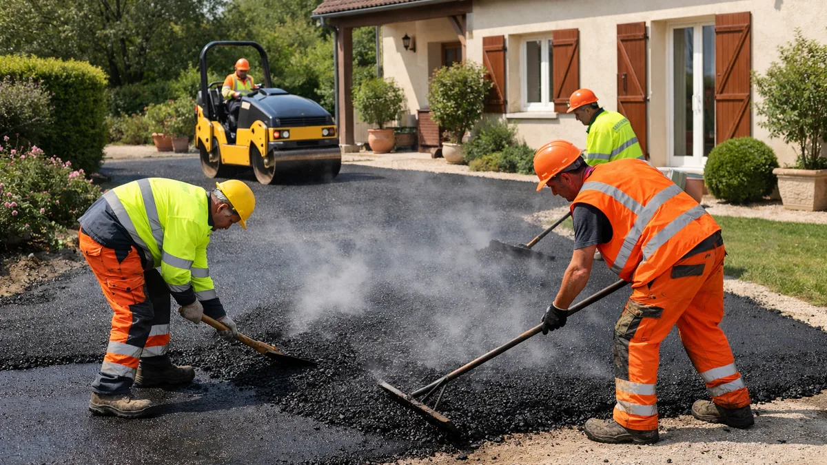 Pose d'un enrobé à chaud sur l'allée d'une maison, prix au m2