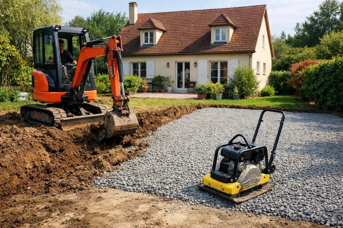 Travaux préparatoires avant goudronnage d'une allée : décaissement et empierrement