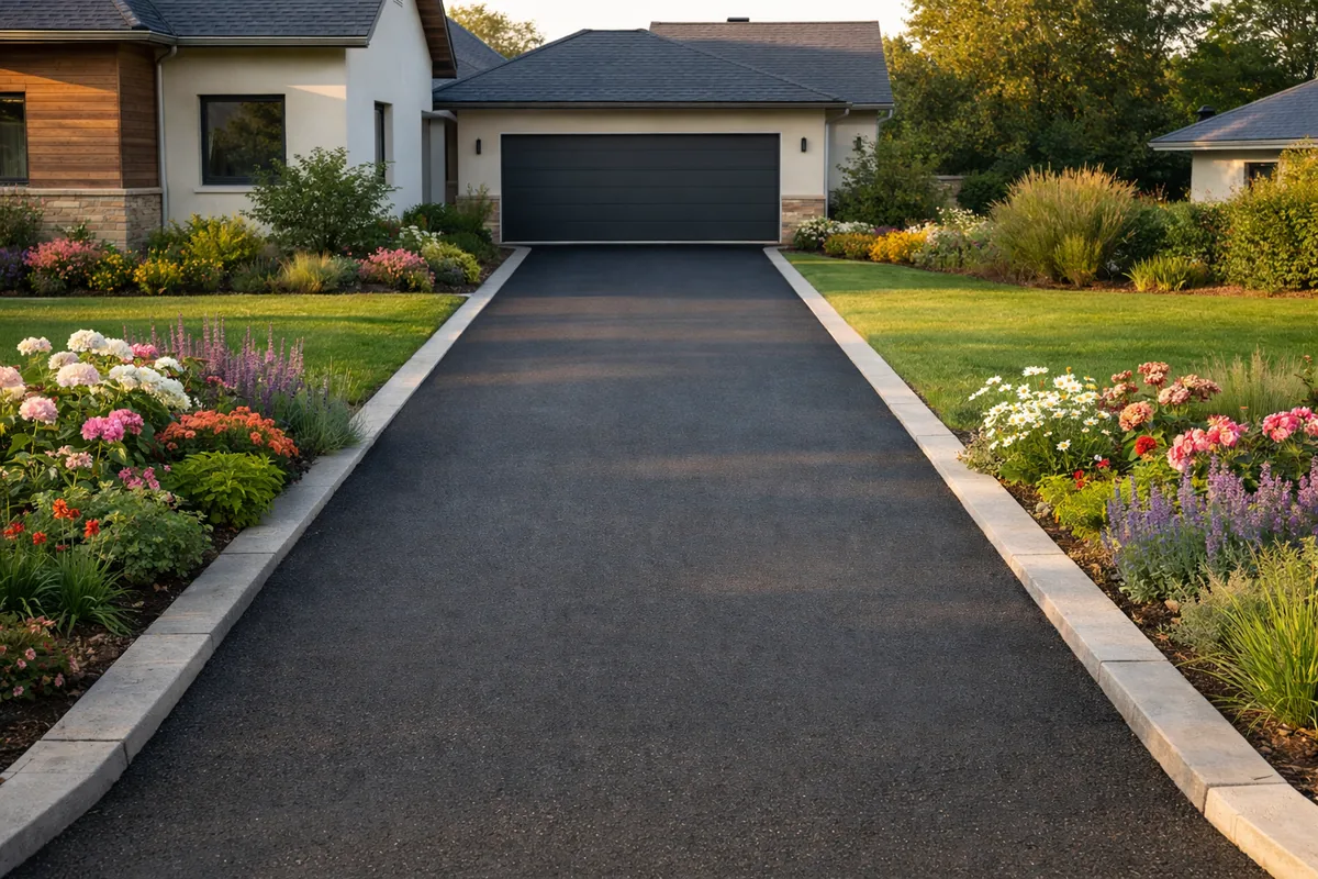 Allée goudronnée terminée bordée de pelouse menant à un garage
