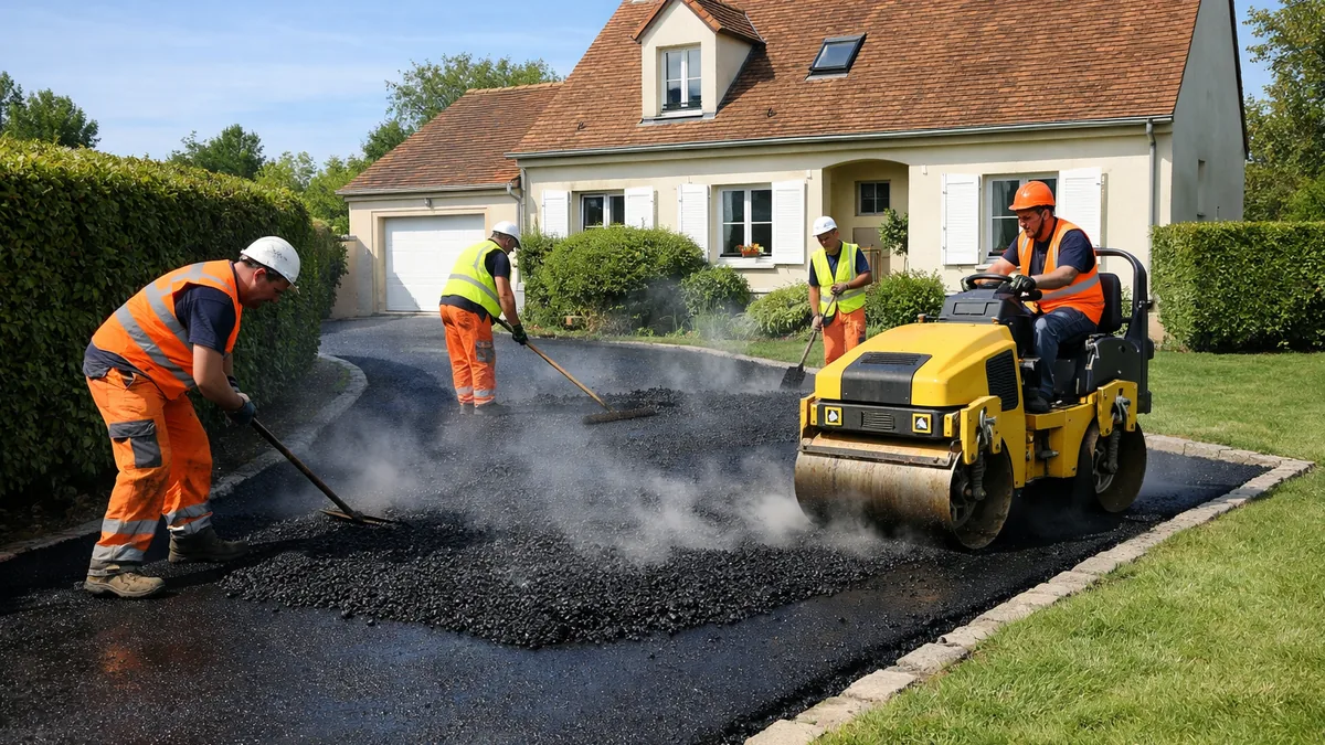 Prix du goudronnage d'une allée : pose d'enrobé à chaud devant une maison