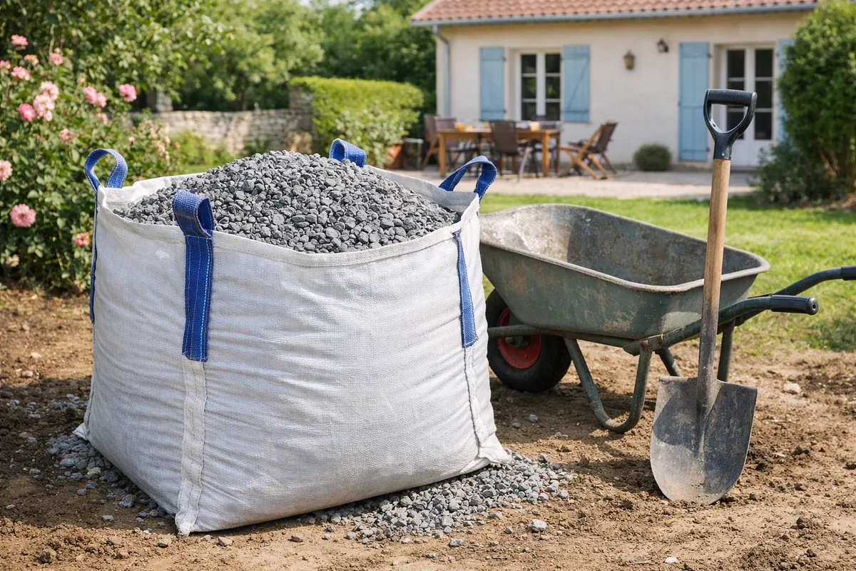 Big bag de gravier d'un m3 livré sur un chantier de jardin
