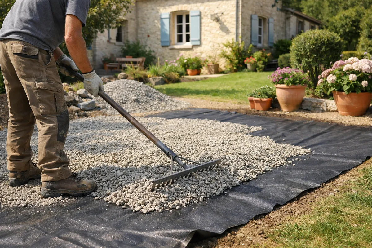 Pose d'une couche de gravier sur géotextile pour une allée carrossable