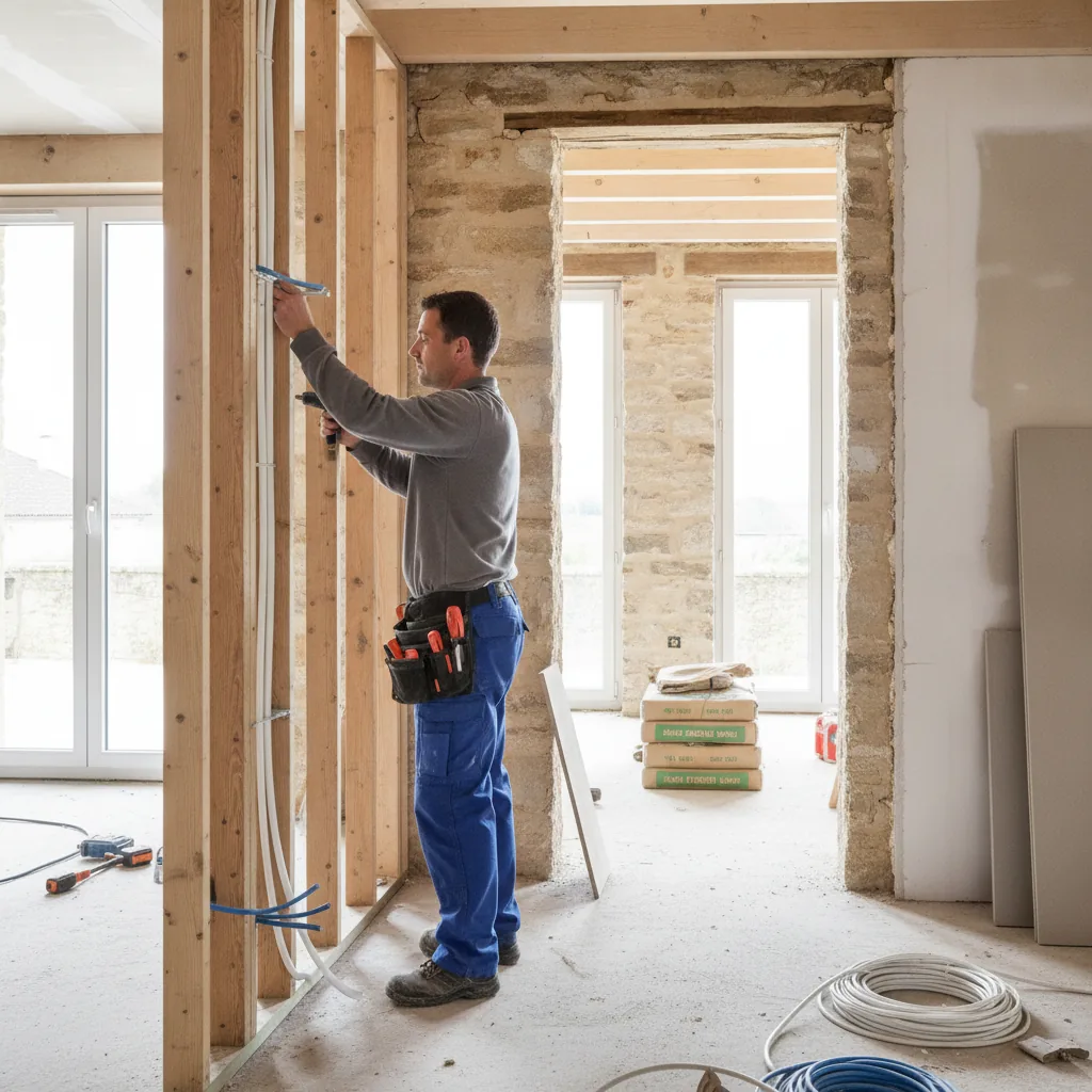 Électricien installant le câblage électrique d'une maison en rénovation