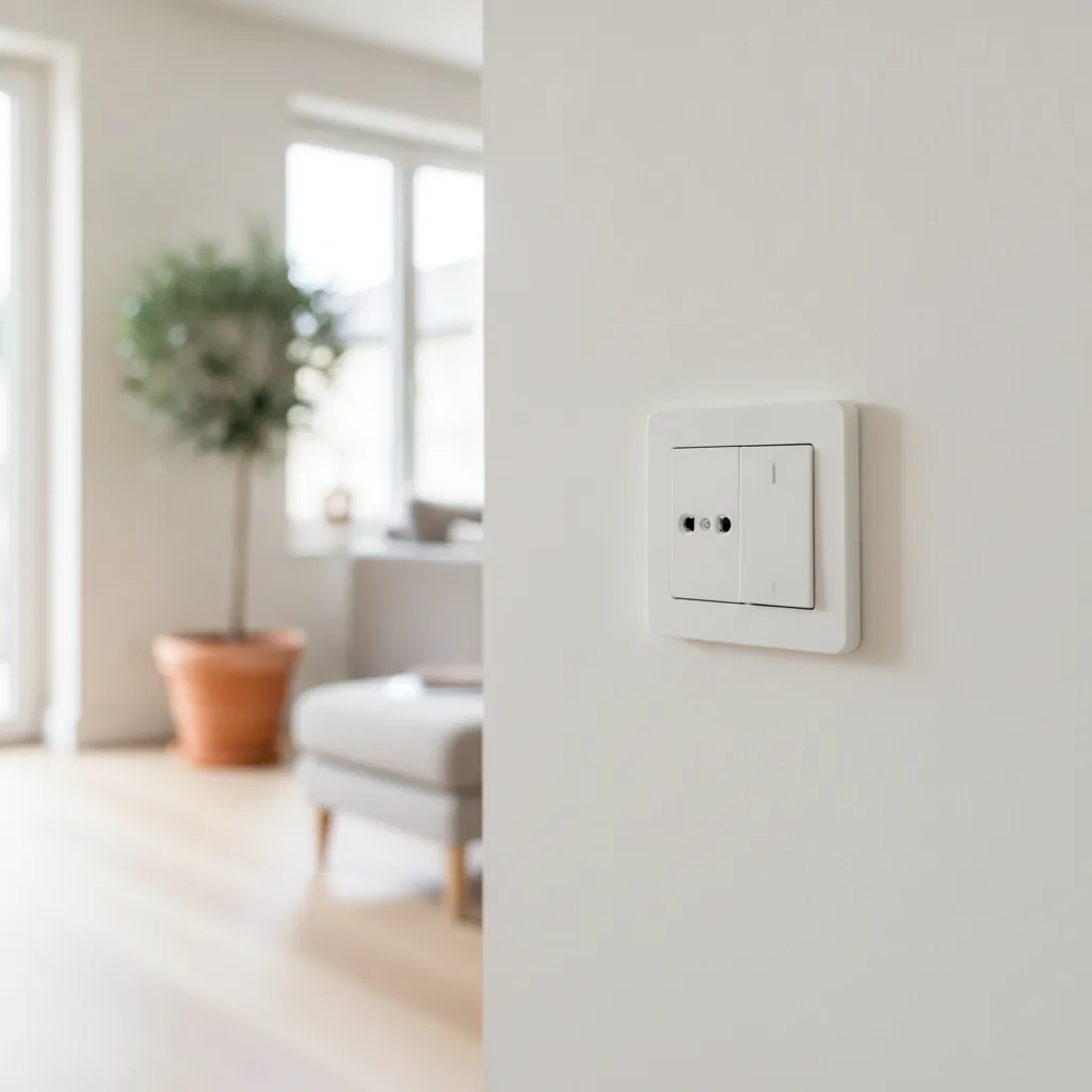 Prise et interrupteur blancs dans un salon rénové et lumineux