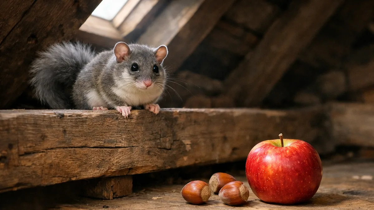 Loir gris dans les combles d'une maison près de provisions