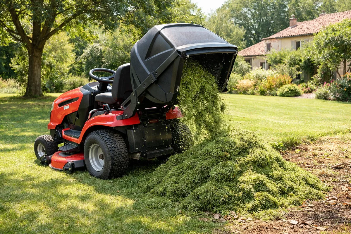 Tracteur tondeuse avec bac de ramassage sur un jardin de 3000 m²