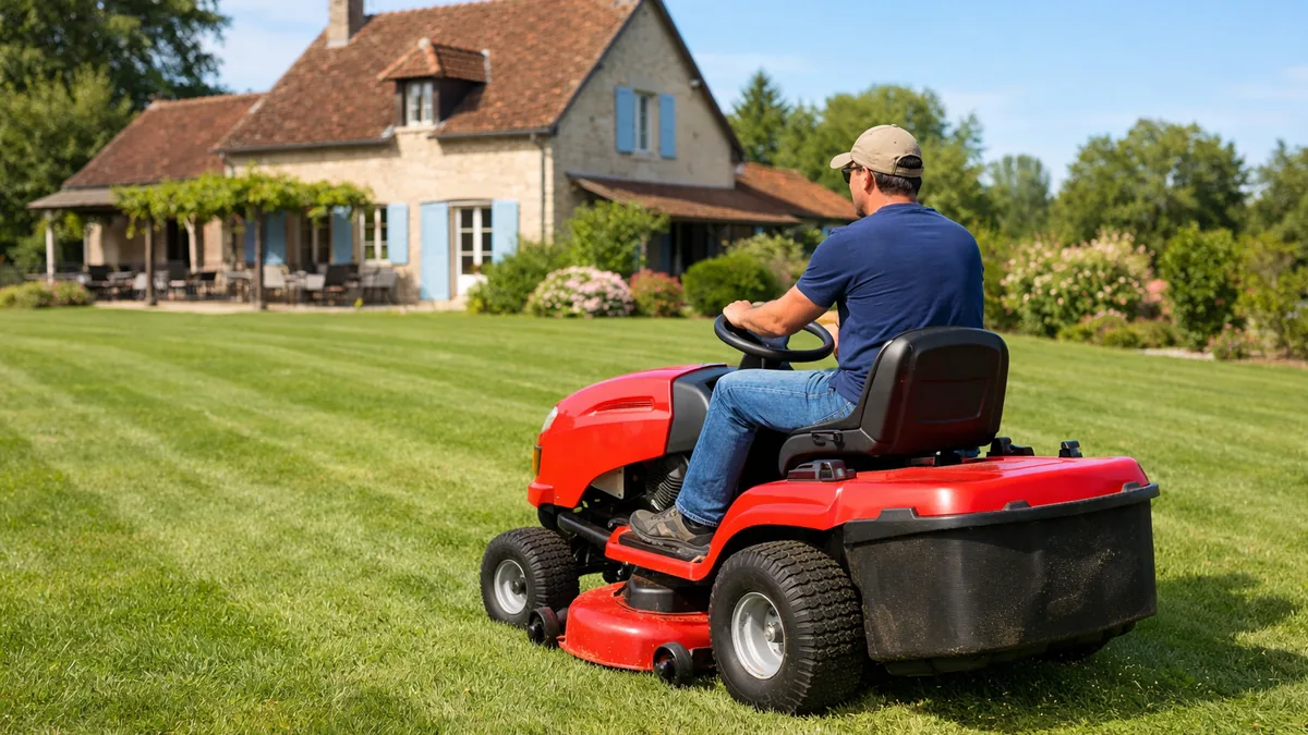 Tracteur tondeuse autoporté tondant un grand terrain de 3000 m²