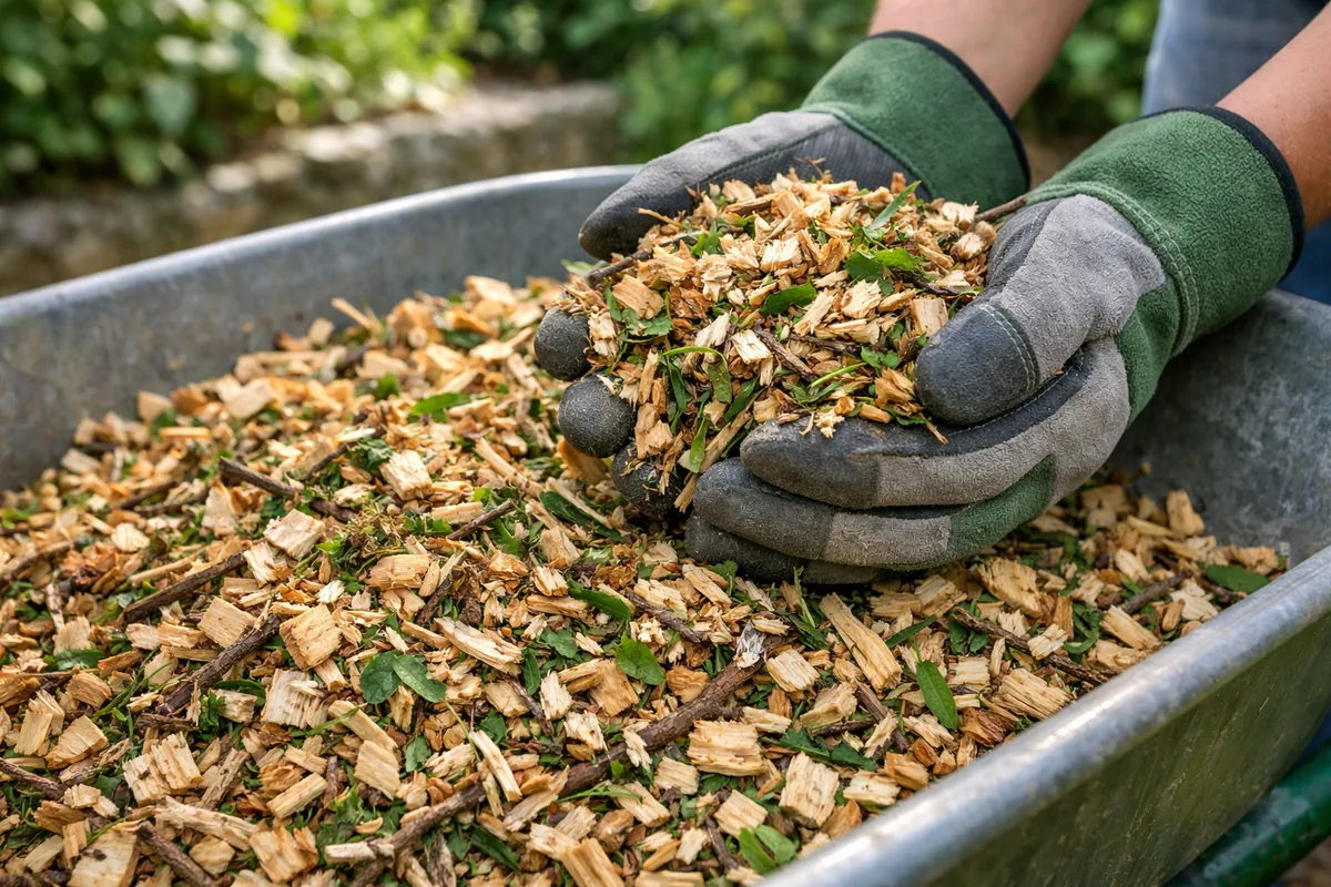 Broyat frais de bois raméal fragmenté pour pailler le potager
