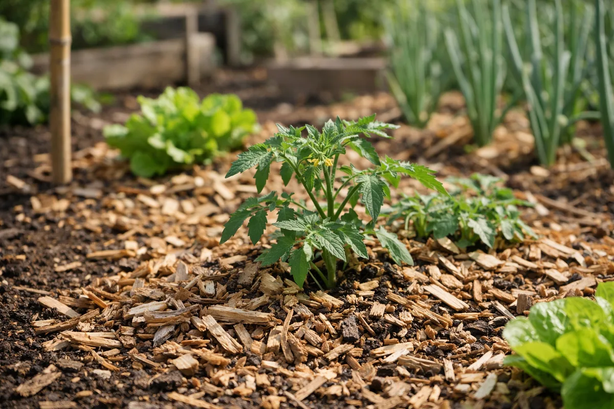 Paillage de BRF étalé au pied des plantes du potager