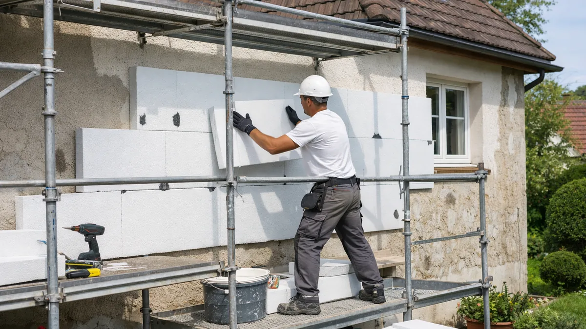 Artisan réalisant l'isolation extérieure d'une maison en rénovation énergétique
