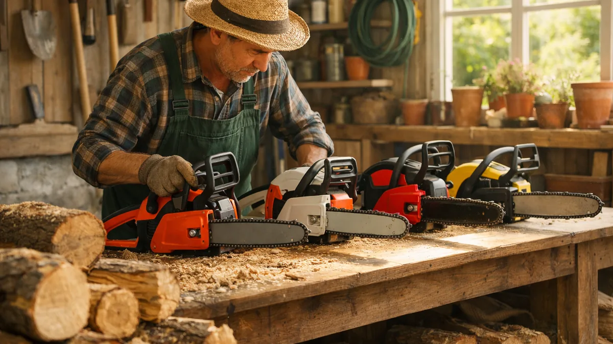 Jardinier choisissant une tronçonneuse adaptée à ses travaux devant plusieurs modèles