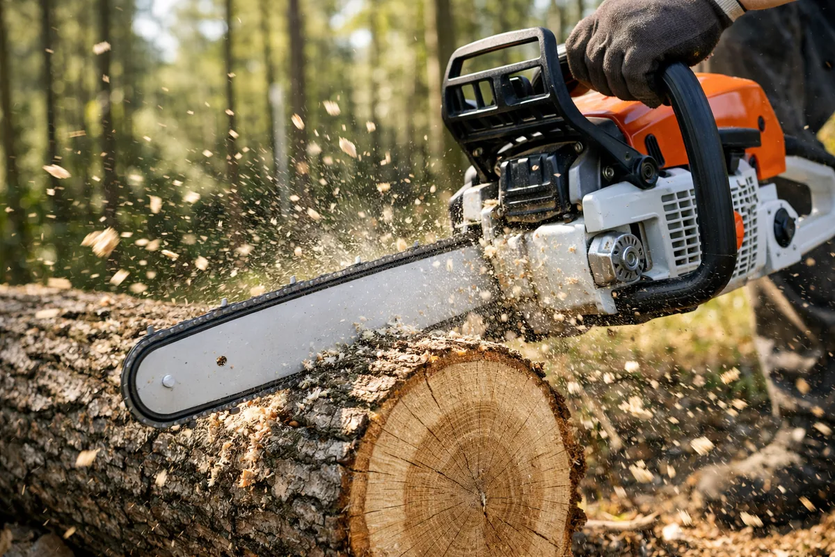 Tronçonneuse thermique de marque en pleine coupe de bois dur