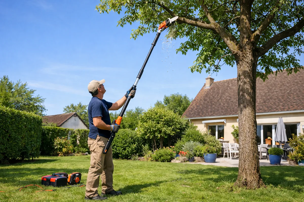Tronçonneuse élagueuse sur perche télescopique utilisée depuis le sol