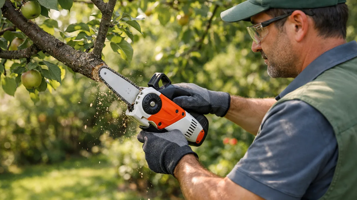 Jardinier utilisant une tronçonneuse élagueuse pour couper une branche dans un arbre de jardin