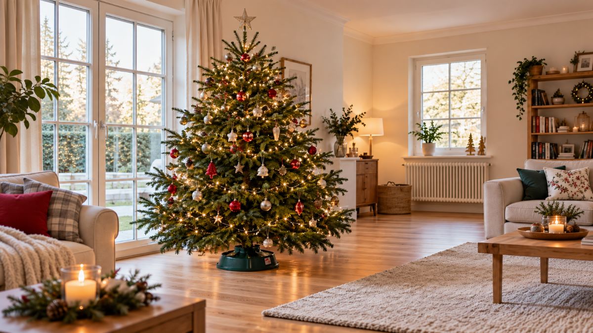 Salon chaleureux décoré pour Noël
