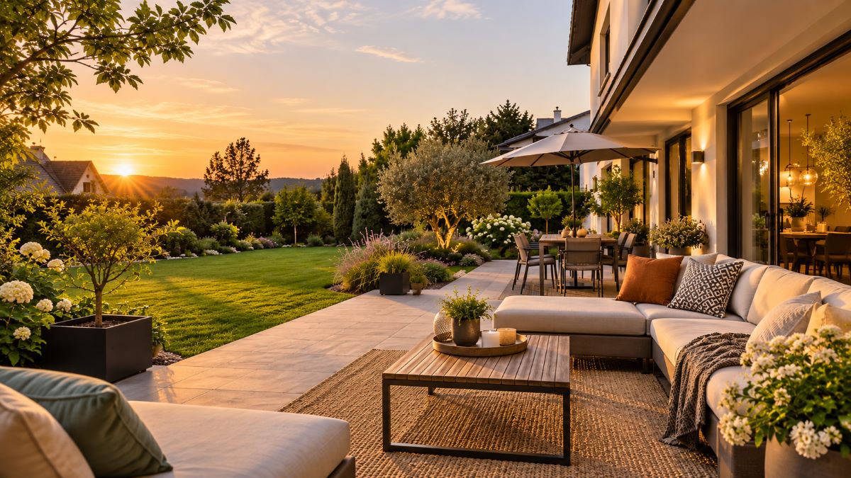Terrasse luxueuse au coucher du soleil