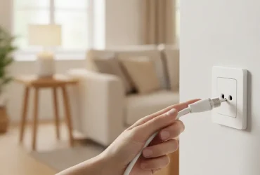 Prise antenne TV murale blanche installée dans un salon lumineux
