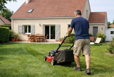Particulier tondant sa pelouse en respectant les horaires de tonte autorisés