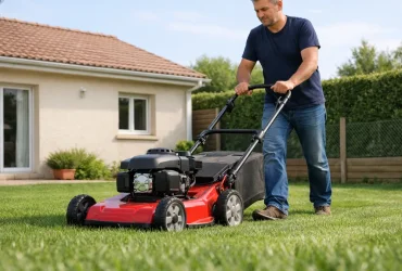 Horaires de tonte de pelouse : un jardinier tond son gazon en fin de matinée