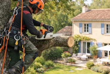 Élagueur grimpeur réalisant l'élagage d'un grand arbre avec harnais et tronçonneuse