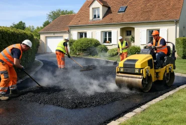 Prix du goudronnage d'une allée : pose d'enrobé à chaud devant une maison