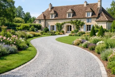 Allée de jardin en gravier devant une maison, illustrant le prix du gravier au m3