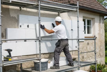 Artisan réalisant l'isolation extérieure d'une maison en rénovation énergétique